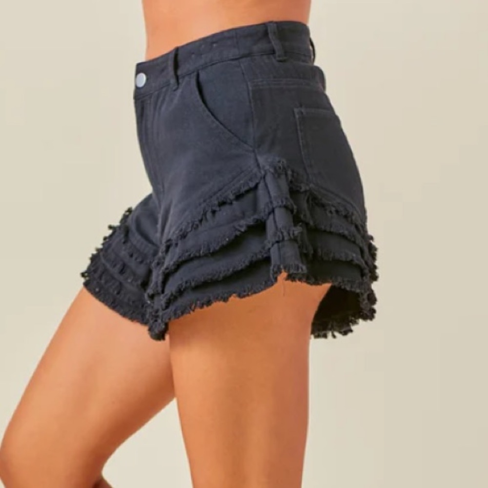 Black Jean Shorts with Distressed Ruffle Hem - Picture 2 of 3